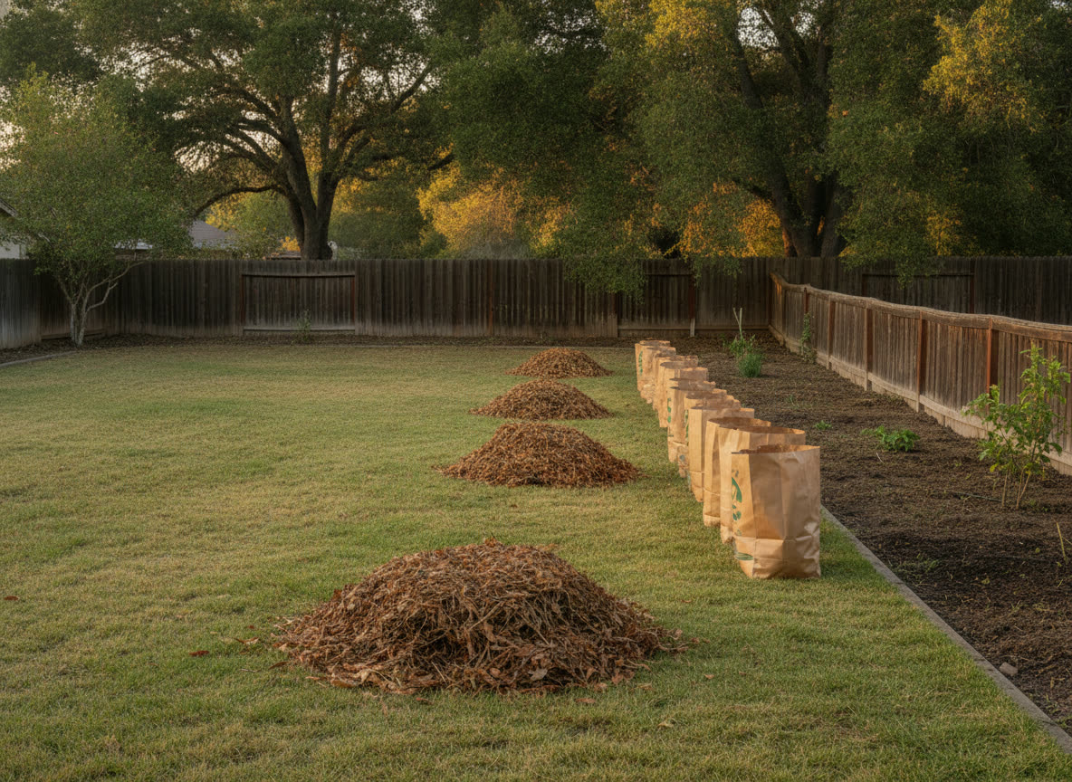 Backyard cleanup with raked piles and green-waste bags