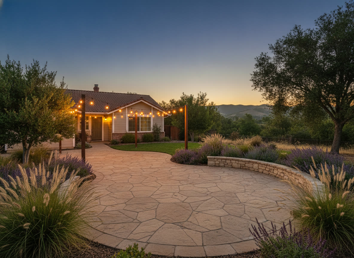 Paver patio with string lights at dusk