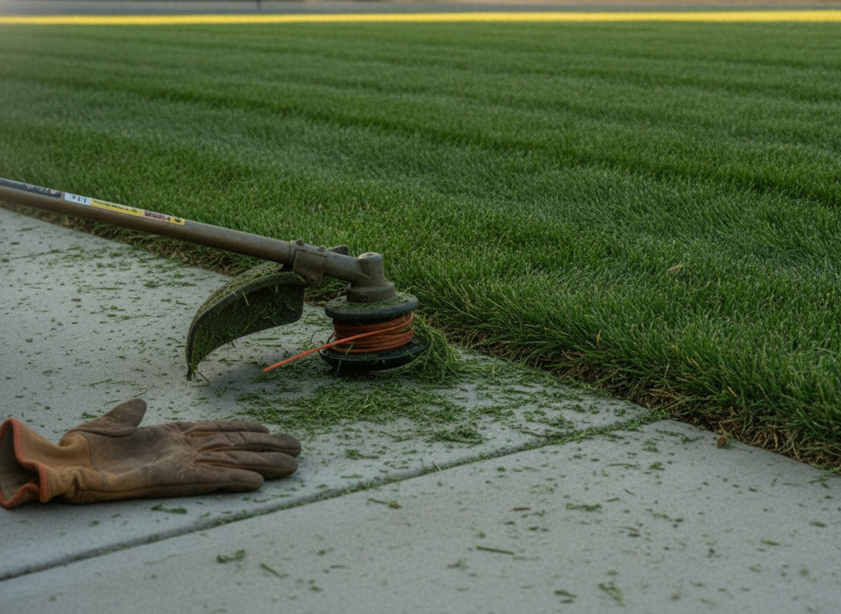 Lawn edge trimmed straight along a walkway