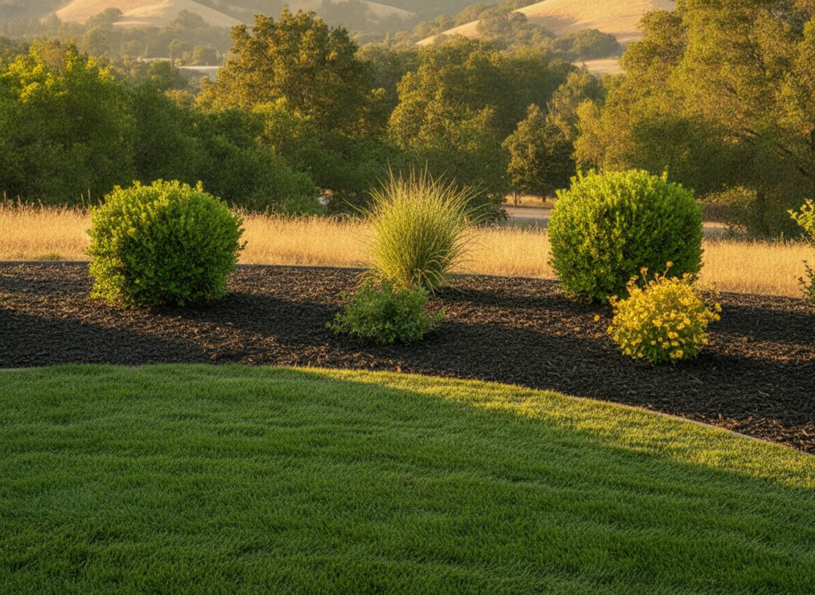 Striped lawn meeting a clean mulch bed